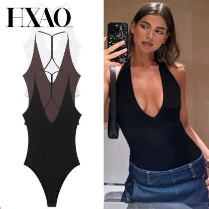 HXAO Halter Corset Bodysuit Women Black Brown White Bodysuit Body Sexy Women Slimming Backless Top Chic Lingerie Thong Bodysuits - A-1 Thread Vault