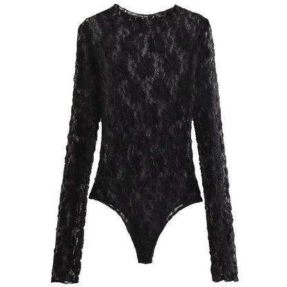 HXAO Women's Bodysuit Lace Bodysuit Autumn Black Cutwork O-Neck Long Sleeves High Spandex Bodysuits Sexy Lingerie For Fine Women - A-1 Thread Vault