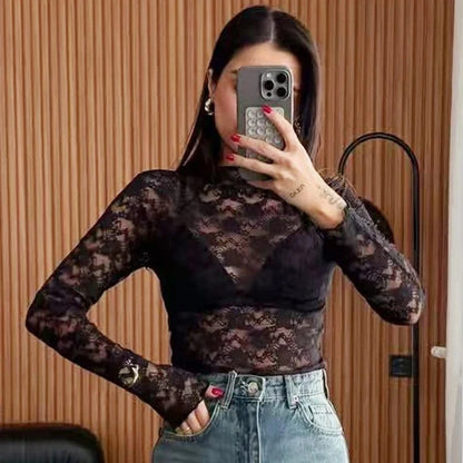 HXAO Women's Bodysuit Lace Bodysuit Autumn Black Cutwork O-Neck Long Sleeves High Spandex Bodysuits Sexy Lingerie For Fine Women - A-1 Thread Vault