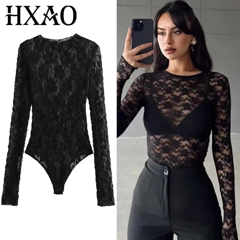 HXAO Women's Bodysuit Lace Bodysuit Autumn Black Cutwork O-Neck Long Sleeves High Spandex Bodysuits Sexy Lingerie For Fine Women - A-1 Thread Vault
