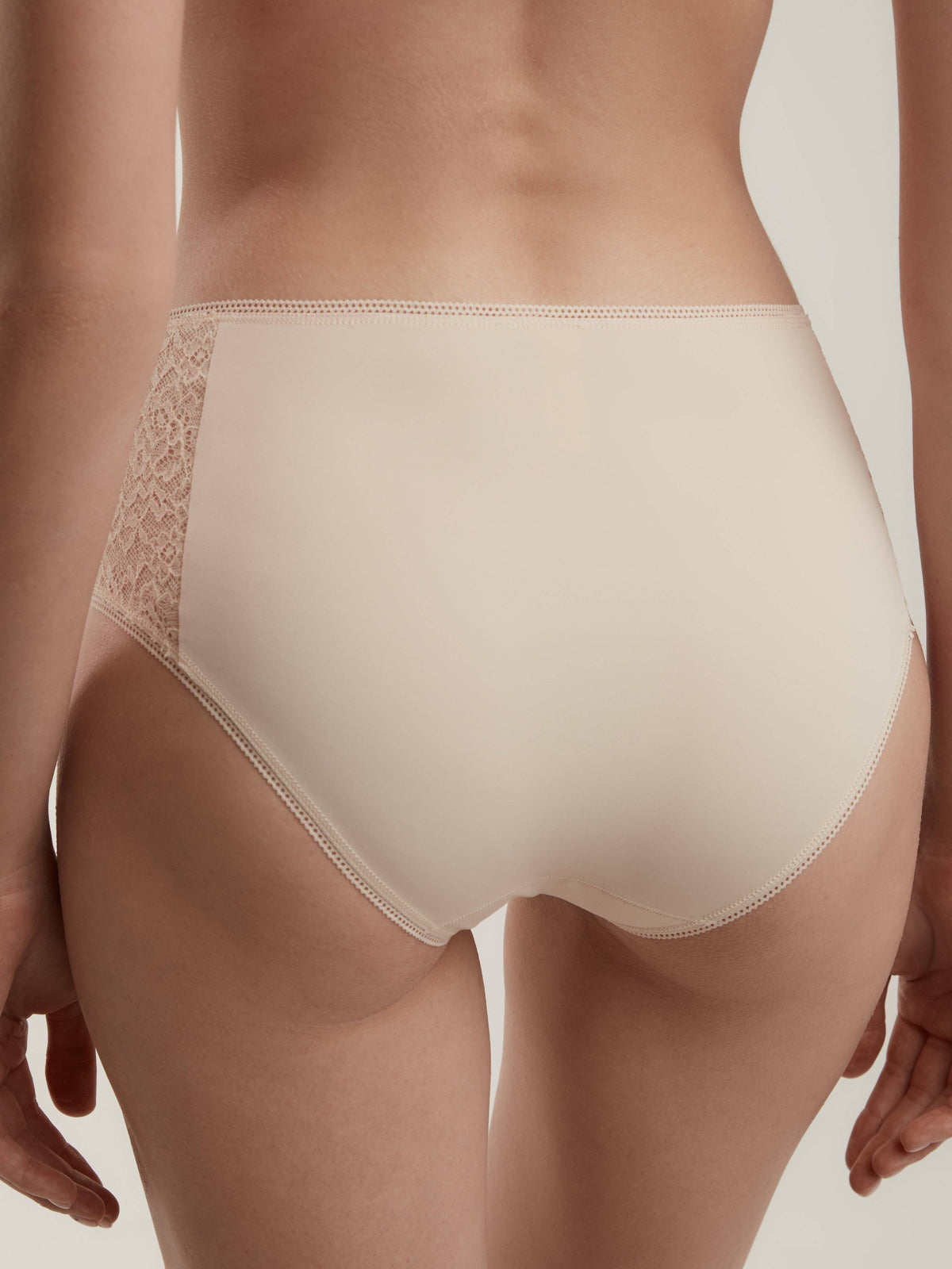 Beige high-waisted briefs seen from the back, featuring lace panels on the sides and decorative trim along the leg openings.