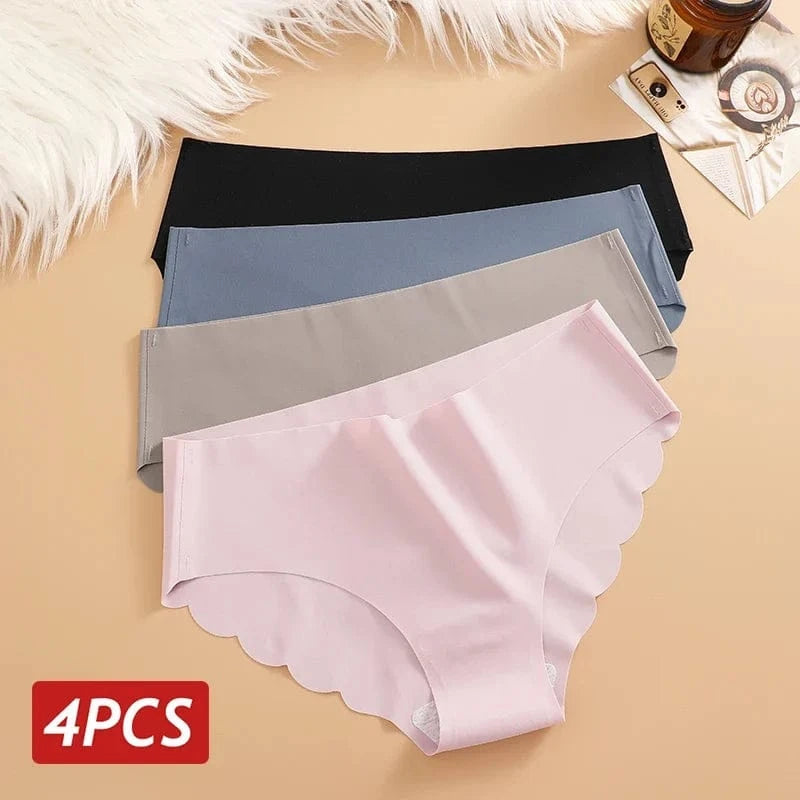 Ice Silk Seamless Panties 4PCS/Set Women's Briefs Solid Color Elastic Underwear Female Ultra Thin No Trace Wavy Side Panties - A-1 Thread Vault