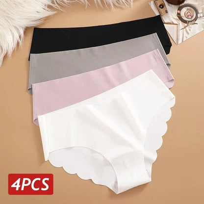 Ice Silk Seamless Panties 4PCS/Set Women's Briefs Solid Color Elastic Underwear Female Ultra Thin No Trace Wavy Side Panties - A-1 Thread Vault