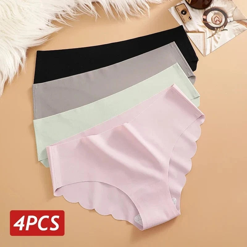 Ice Silk Seamless Panties 4PCS/Set Women's Briefs Solid Color Elastic Underwear Female Ultra Thin No Trace Wavy Side Panties - A-1 Thread Vault