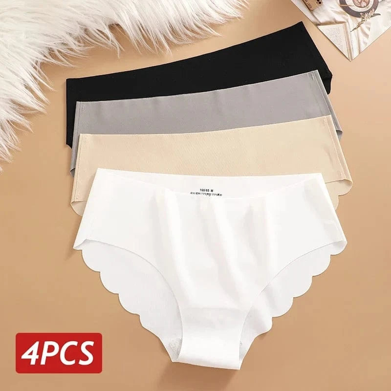 Ice Silk Seamless Panties 4PCS/Set Women's Briefs Solid Color Elastic Underwear Female Ultra Thin No Trace Wavy Side Panties - A-1 Thread Vault