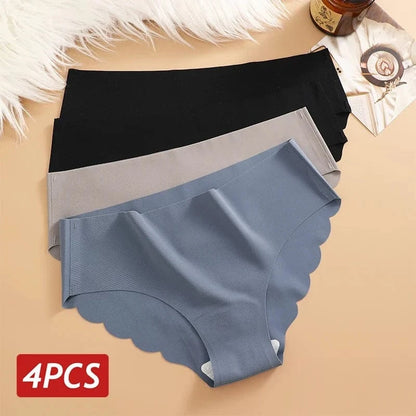 Ice Silk Seamless Panties 4PCS/Set Women's Briefs Solid Color Elastic Underwear Female Ultra Thin No Trace Wavy Side Panties - A-1 Thread Vault