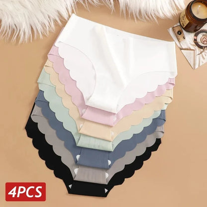 Ice Silk Seamless Panties 4PCS/Set Women's Briefs Solid Color Elastic Underwear Female Ultra Thin No Trace Wavy Side Panties - A-1 Thread Vault