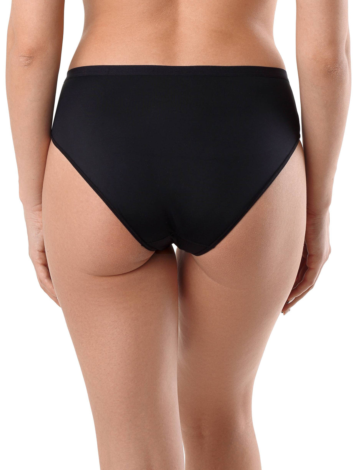 Black full-coverage bikini-style underwear viewed from the back on a person.