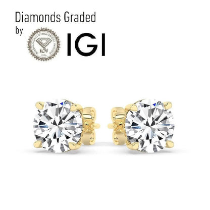 IGI,F/VS1 ,2 CT Solitaire Lab-Grown Round Diamond Studs Earring, 18K Yellow Gold - A-1 Thread Vault
