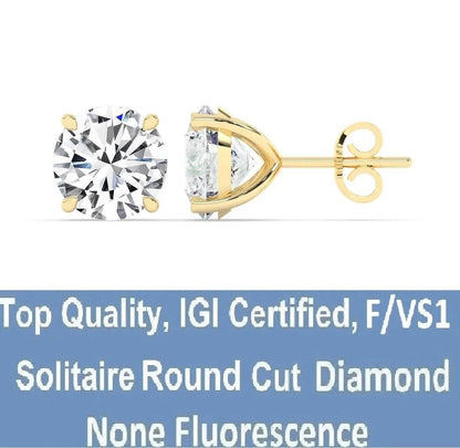 IGI,F/VS1 ,2 CT Solitaire Lab-Grown Round Diamond Studs Earring, 18K Yellow Gold - A-1 Thread Vault