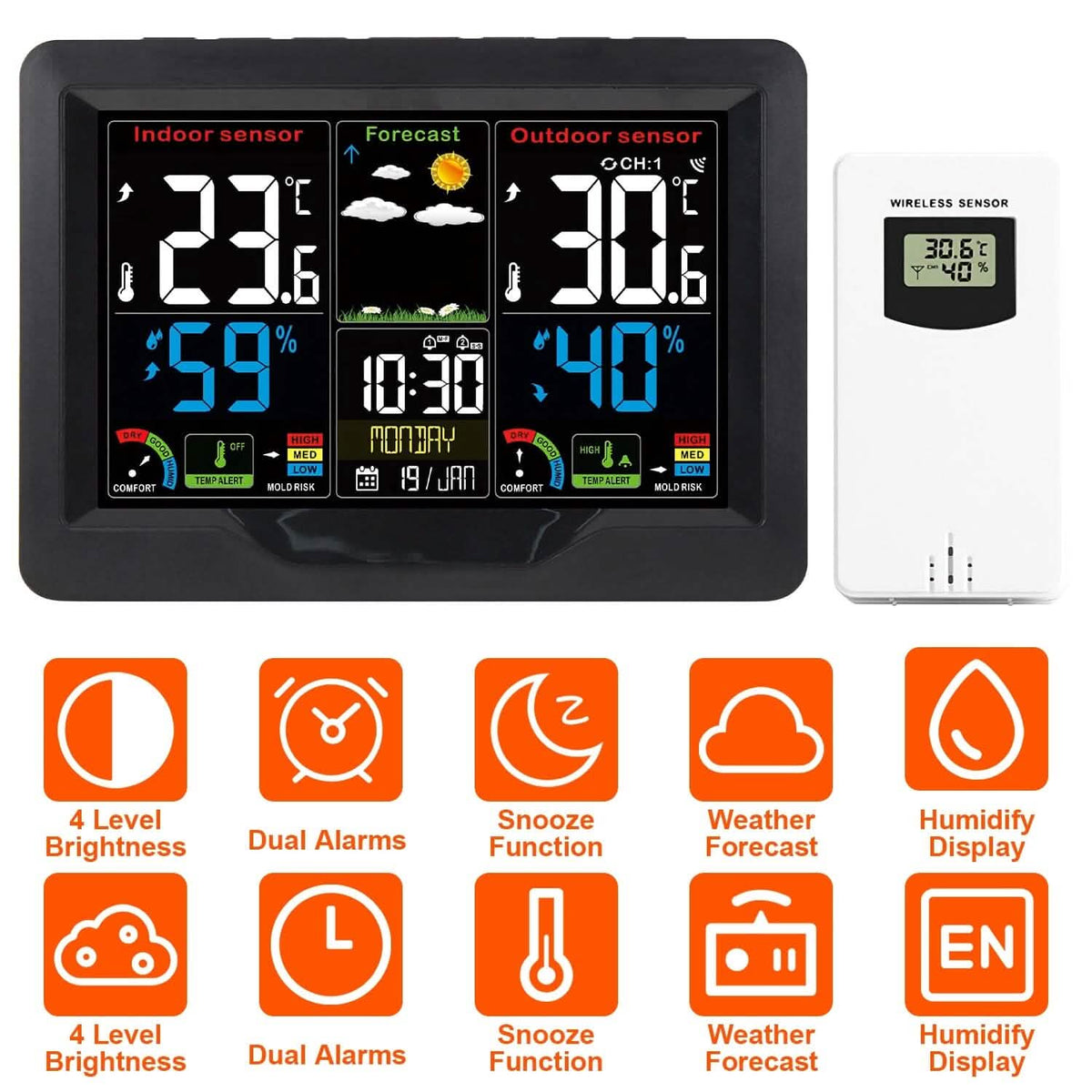 Indoor/Outdoor Thermometer Humidity Weather Forecast Temperature with Backlight - A-1 Thread Vault