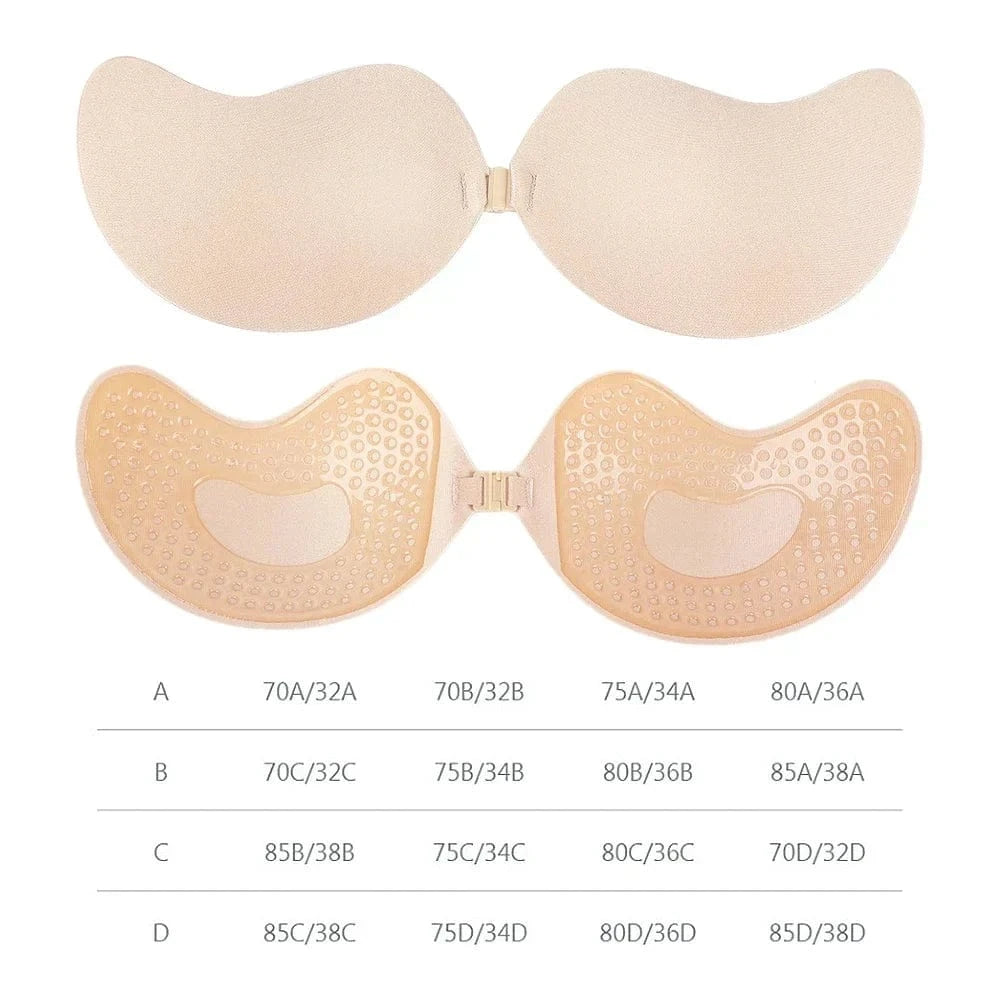 A beige adhesive strapless bra is shown from both the outer fabric side and the inner silicone textured side, positioned above a size reference chart.