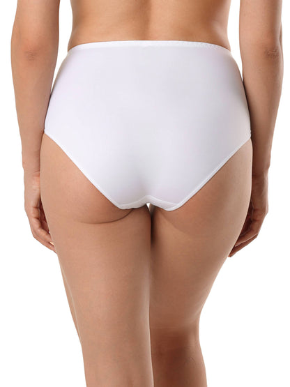 White high-waisted briefs worn on a person, shown from a rear perspective.
