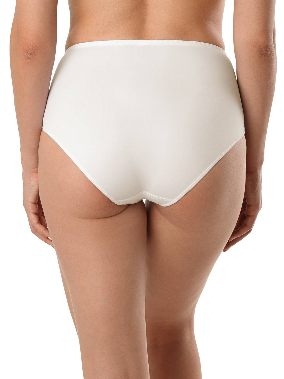A back view of a person wearing high-waisted, plain white brief underwear.