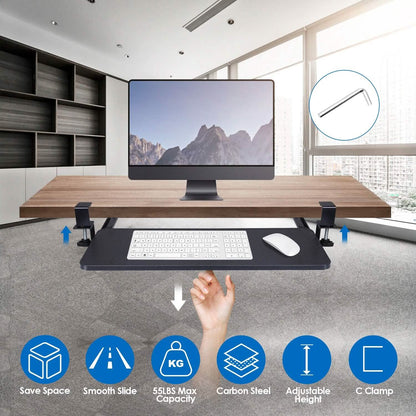 Keyboard Mouse Tray Under Desk Retractable Slide Out Drawer with C Clamp - A-1 Thread Vault