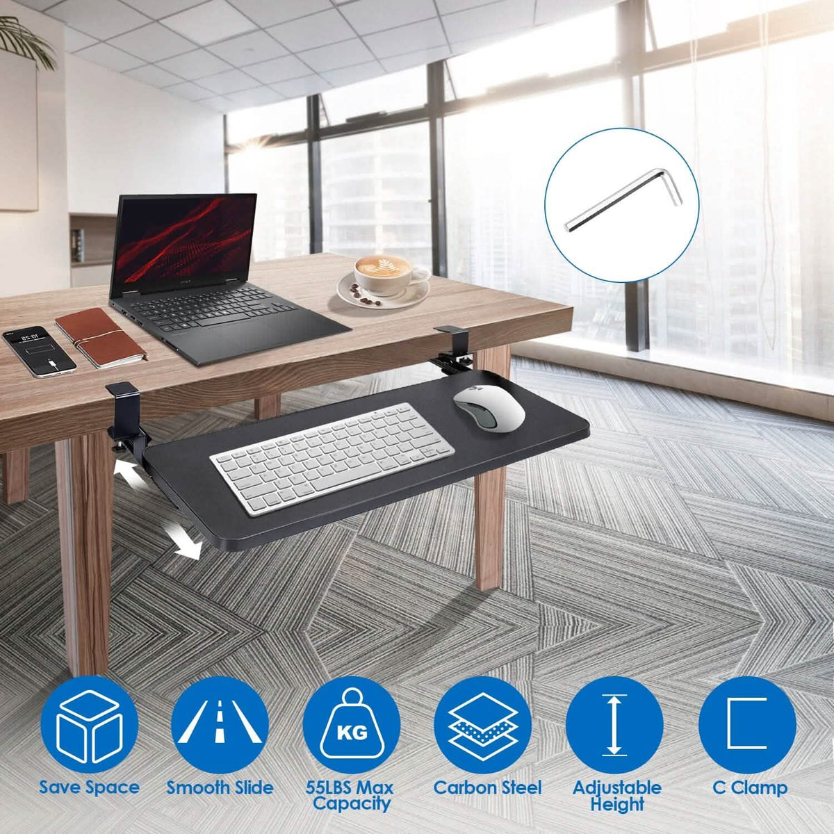 Keyboard Mouse Tray Under Desk Retractable Slide Out Drawer with C Clamp - A-1 Thread Vault