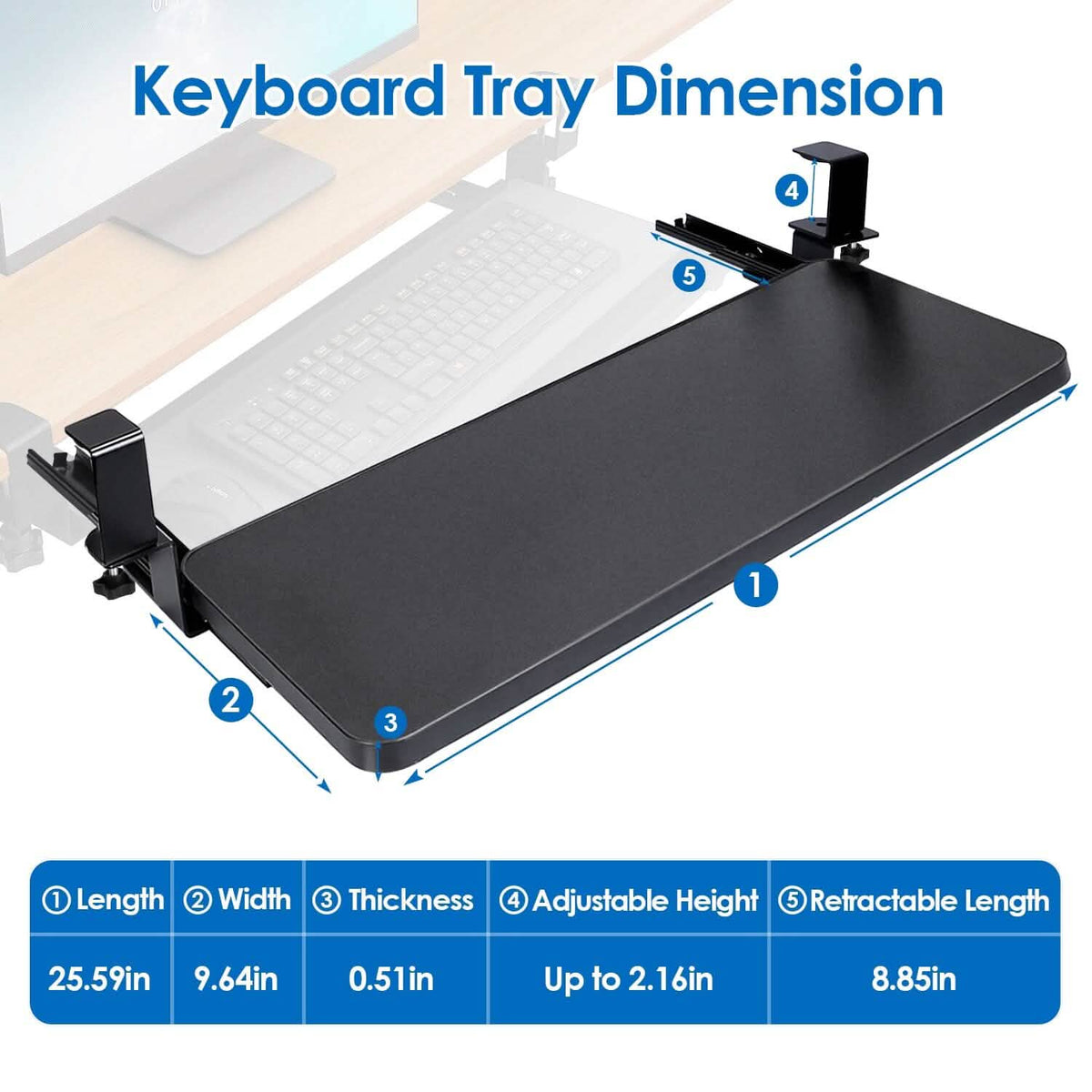 Keyboard Mouse Tray Under Desk Retractable Slide Out Drawer with C Clamp - A-1 Thread Vault