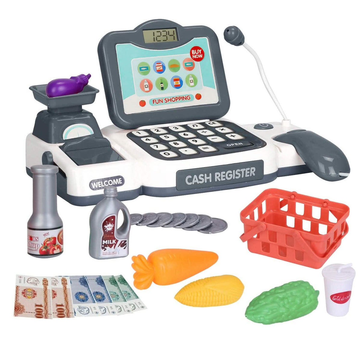 Kids Cash Register Pretend Play Cashier Toy with Scanner Calculator - A-1 Thread Vault