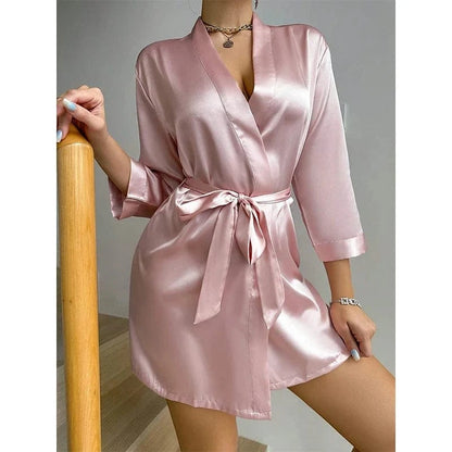 Kimono Robe Bathrobe Robes Luxurious Soft Satin Bridesmaid Robe for Women Comfortable Spa Robe With Belt Women's Sleepwear - A-1 Thread Vault