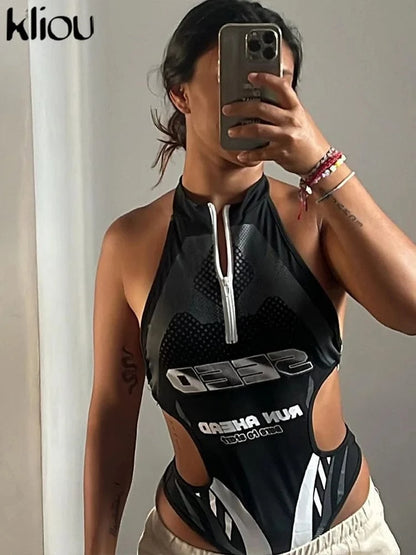 kliou Summer Women Mini Moto & Biker Milk Silk Bodysuit K24K45261 Girl Halter Backless Lace Up Tops Cool All-Match One Piece - A-1 Thread Vault