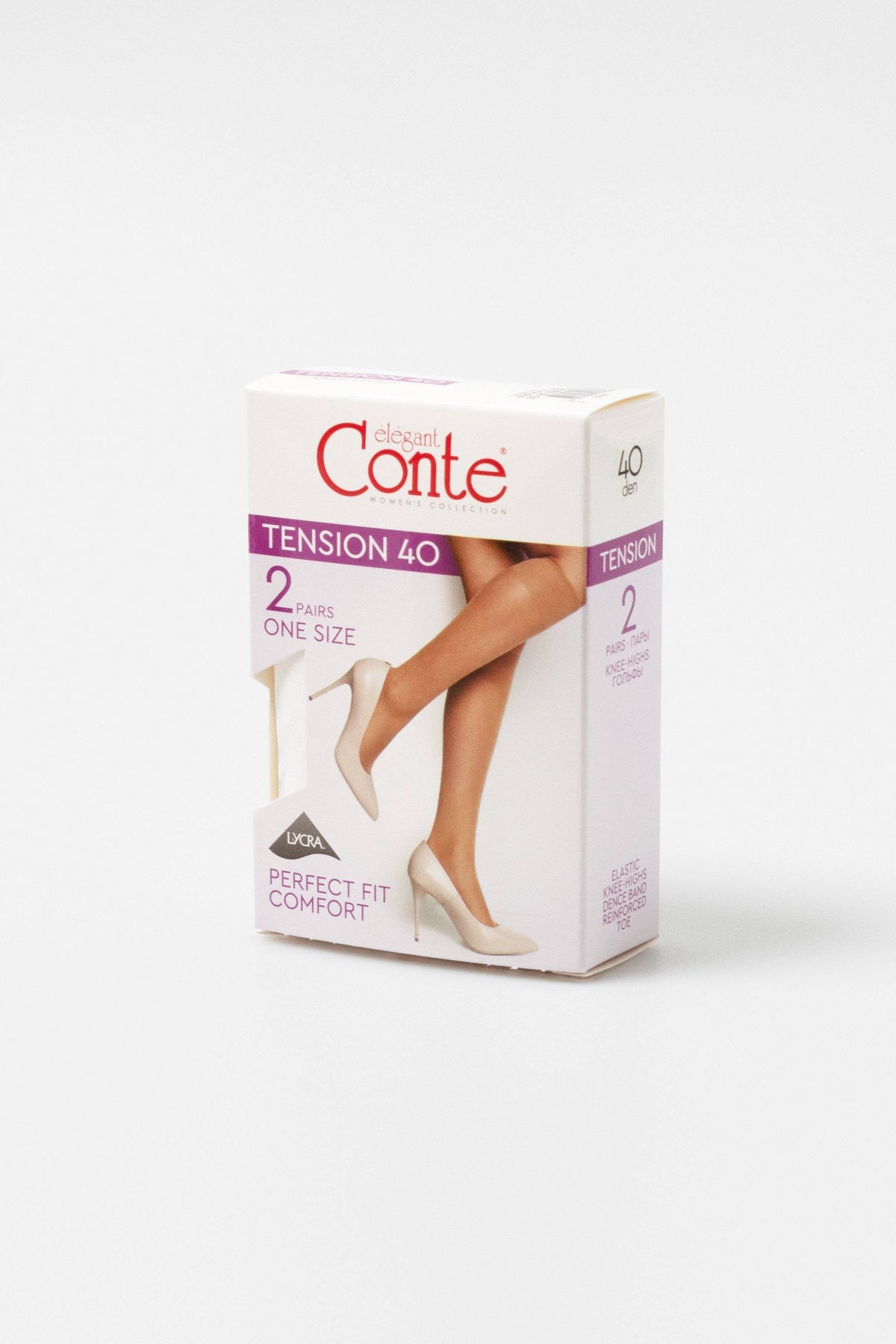 A box of beige knee-high hosiery featuring a photograph of legs wearing the product with matching high-heeled pumps.