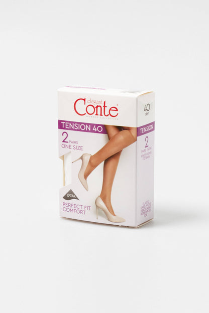 A box of beige knee-high hosiery featuring a photograph of legs wearing the product with matching high-heeled pumps.