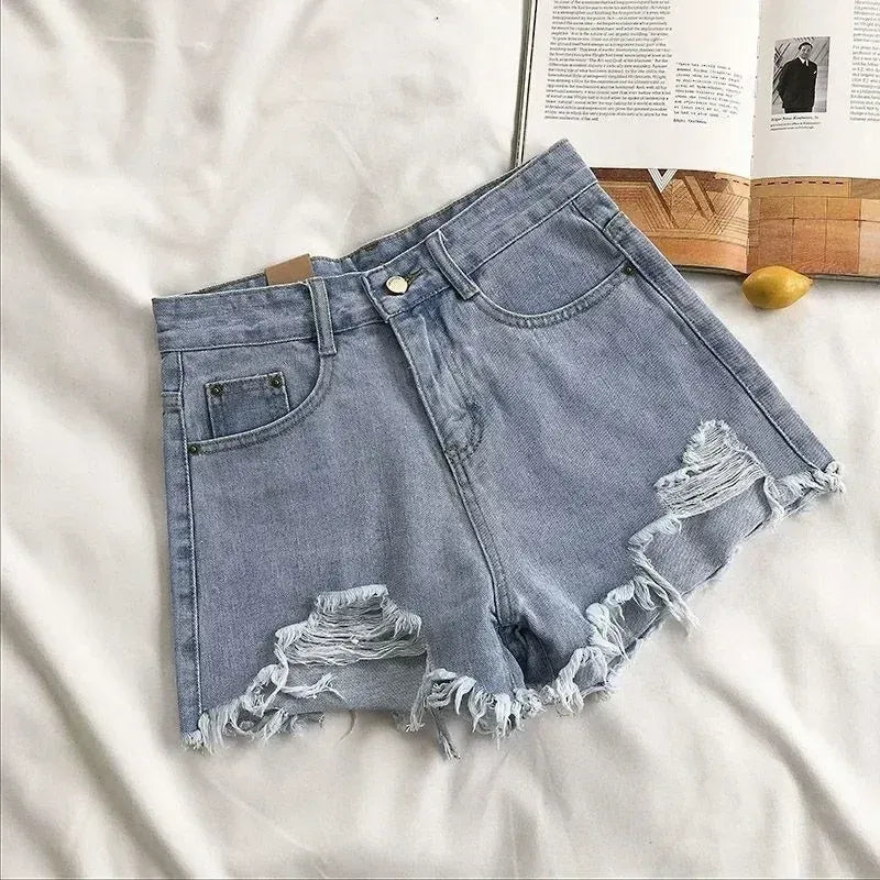 Korean Denim Shorts Women Summer Fashion Casual High Waist Ripped Jeans Pocket Tassel Y2K Hot Pants Streetwear Blue Trousers - A-1 Thread Vault