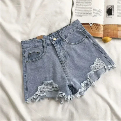 Korean Denim Shorts Women Summer Fashion Casual High Waist Ripped Jeans Pocket Tassel Y2K Hot Pants Streetwear Blue Trousers - A-1 Thread Vault