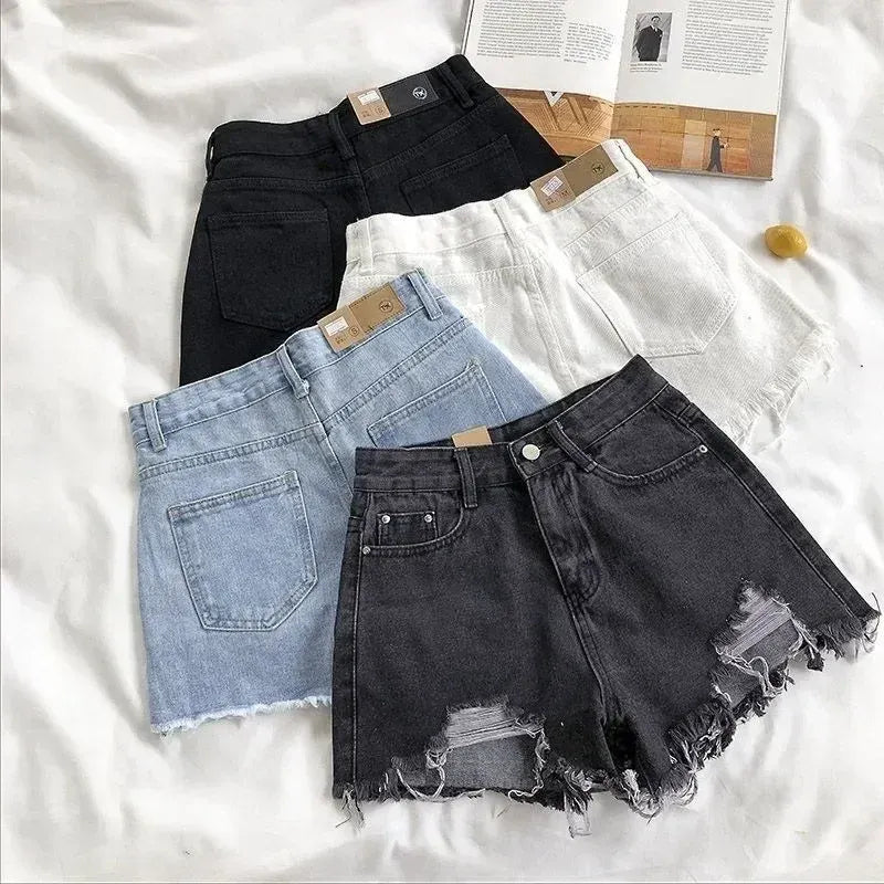 Korean Denim Shorts Women Summer Fashion Casual High Waist Ripped Jeans Pocket Tassel Y2K Hot Pants Streetwear Blue Trousers - A-1 Thread Vault