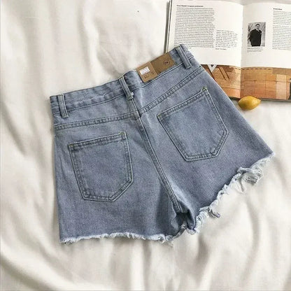 Korean Denim Shorts Women Summer Fashion Casual High Waist Ripped Jeans Pocket Tassel Y2K Hot Pants Streetwear Blue Trousers - A-1 Thread Vault