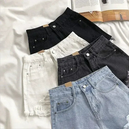 Korean Denim Shorts Women Summer Fashion Casual High Waist Ripped Jeans Pocket Tassel Y2K Hot Pants Streetwear Blue Trousers - A-1 Thread Vault