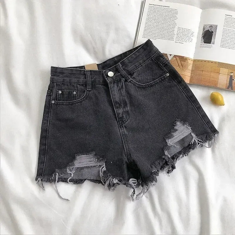 Korean Denim Shorts Women Summer Fashion Casual High Waist Ripped Jeans Pocket Tassel Y2K Hot Pants Streetwear Blue Trousers - A-1 Thread Vault