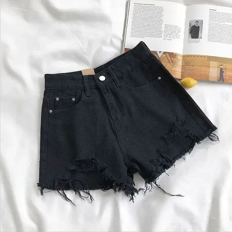 Korean Denim Shorts Women Summer Fashion Casual High Waist Ripped Jeans Pocket Tassel Y2K Hot Pants Streetwear Blue Trousers - A-1 Thread Vault