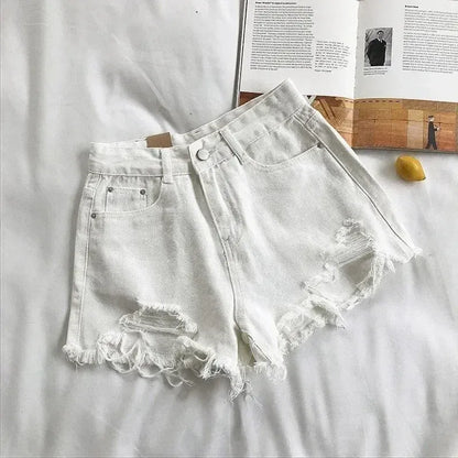 Korean Denim Shorts Women Summer Fashion Casual High Waist Ripped Jeans Pocket Tassel Y2K Hot Pants Streetwear Blue Trousers - A-1 Thread Vault