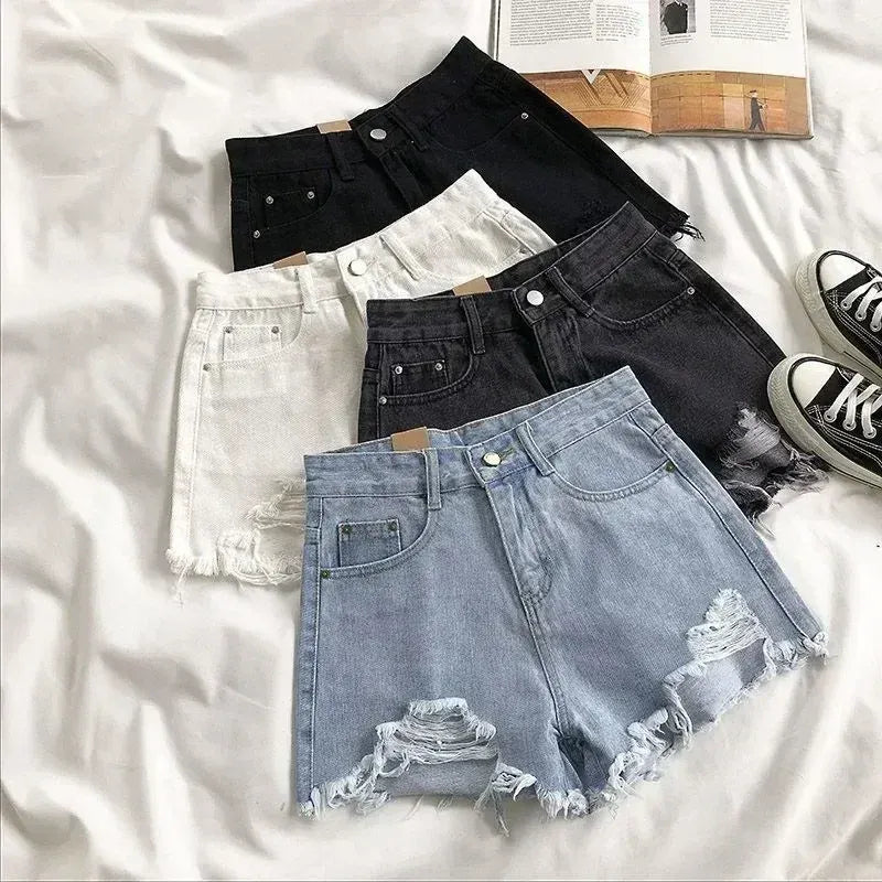 Korean Denim Shorts Women Summer Fashion Casual High Waist Ripped Jeans Pocket Tassel Y2K Hot Pants Streetwear Blue Trousers - A-1 Thread Vault