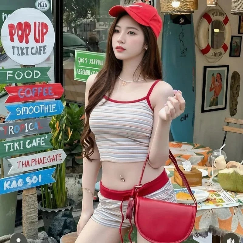 Korean Style Striped Bikini Set Women Cute Yet Sultry Halter Top High Waisted Shorts Tummy Control for Beach Vacation - A-1 Thread Vault