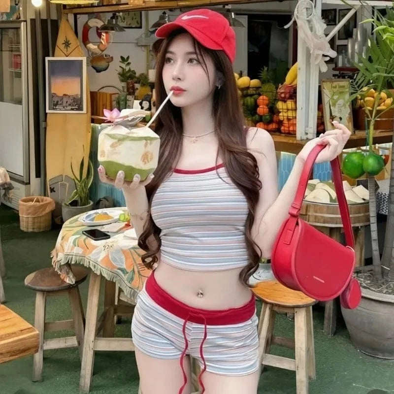 Korean Style Striped Bikini Set Women Cute Yet Sultry Halter Top High Waisted Shorts Tummy Control for Beach Vacation - A-1 Thread Vault