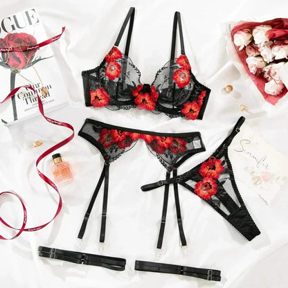 Krasapt ultrathin Floral Embroidery Sexy Lingerie 2Pcs Sets Mesh perspective Bras And Briefs Underwear Suit Fancy Erotic Set - A-1 Thread Vault