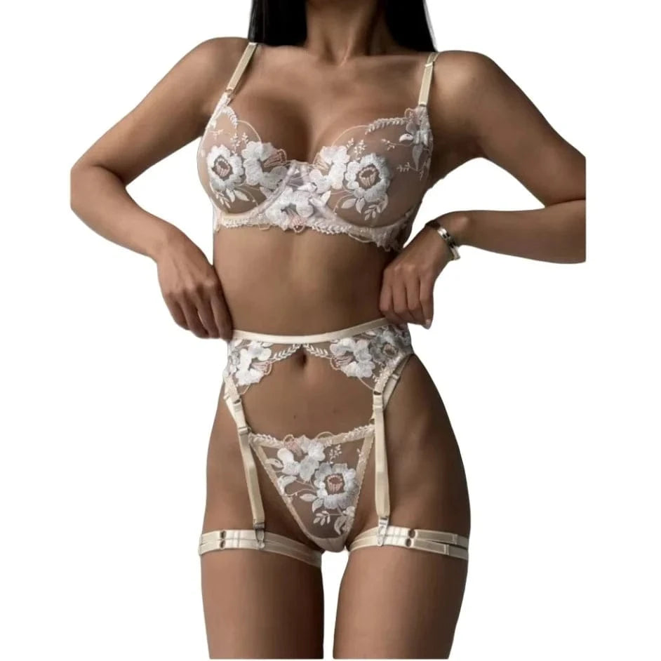 Krasapt ultrathin Floral Embroidery Sexy Lingerie 2Pcs Sets Mesh perspective Bras And Briefs Underwear Suit Fancy Erotic Set - A-1 Thread Vault
