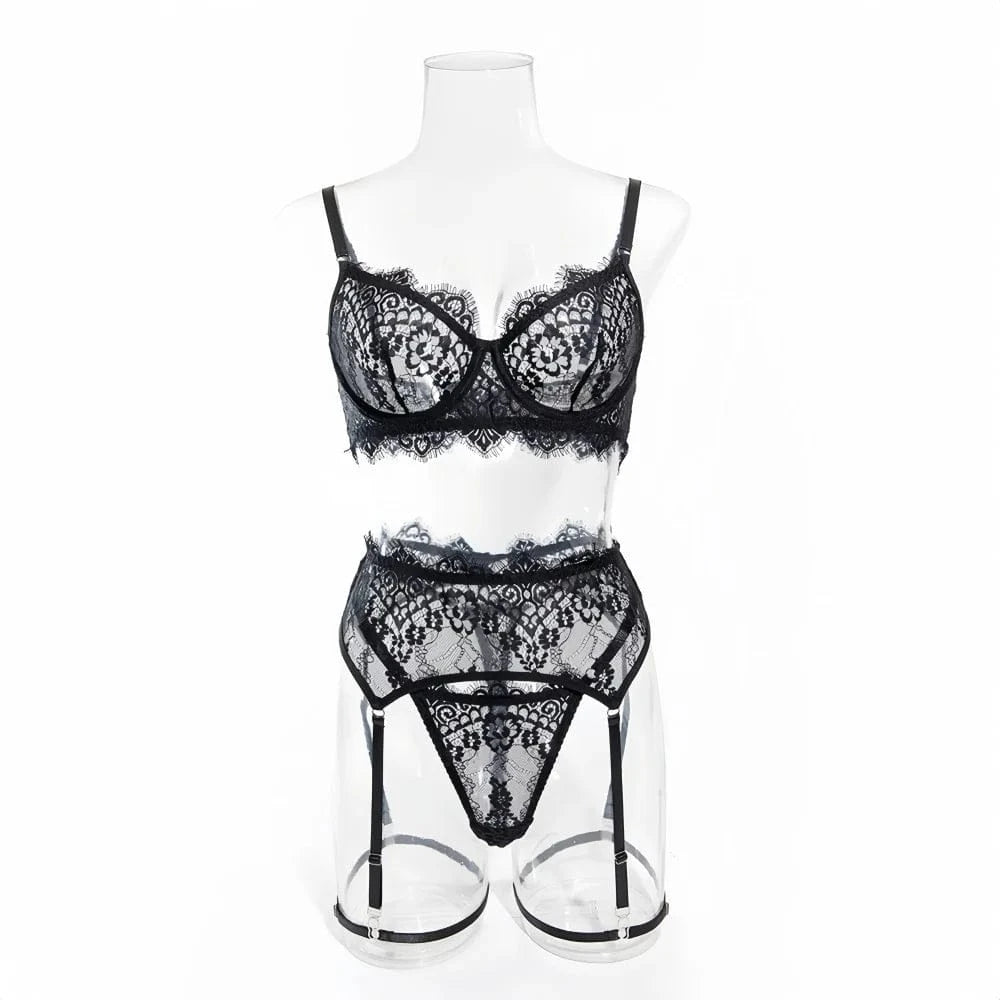 Krasapt Women Black Lace Sexy Lingerie Set Romantic Mesh Female Lingerie Lace Bra Set Fancy Intimate Perspective Three Piece Set - A-1 Thread Vault
