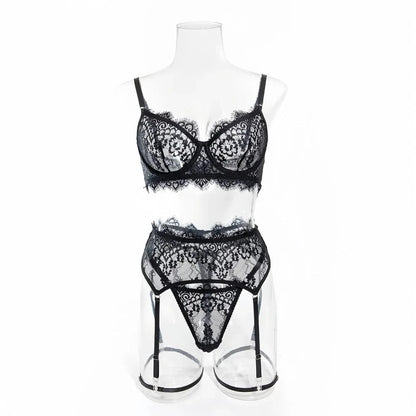 Krasapt Women Black Lace Sexy Lingerie Set Romantic Mesh Female Lingerie Lace Bra Set Fancy Intimate Perspective Three Piece Set - A-1 Thread Vault