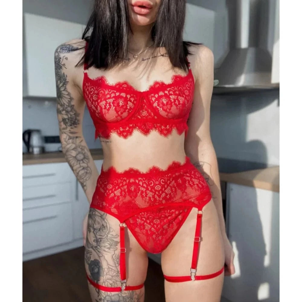 Krasapt Women Black Lace Sexy Lingerie Set Romantic Mesh Female Lingerie Lace Bra Set Fancy Intimate Perspective Three Piece Set - A-1 Thread Vault