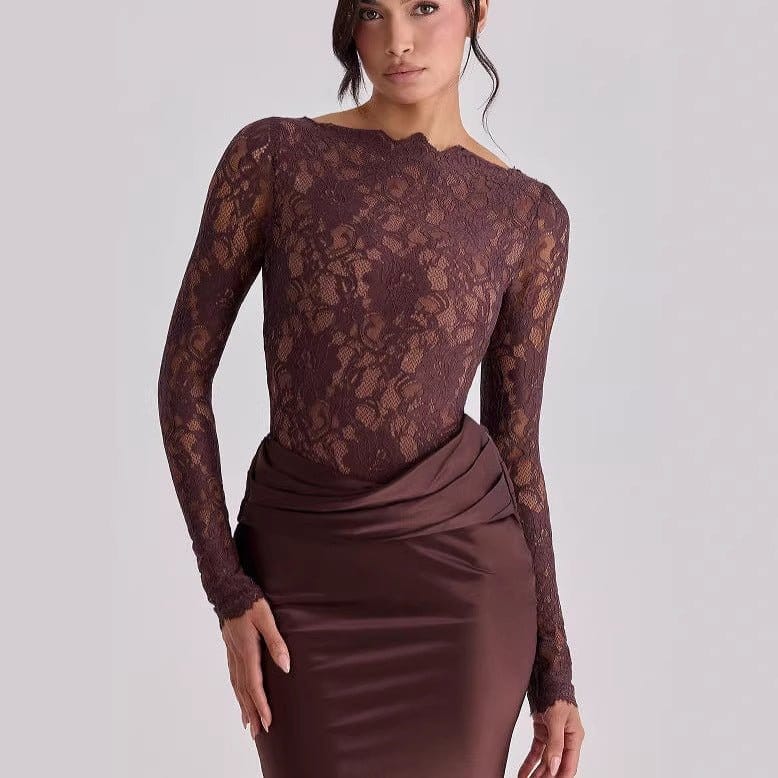 Lace Bodice Satin Ruched Mermaid Maxi Dress(MS415) - A-1 Thread Vault