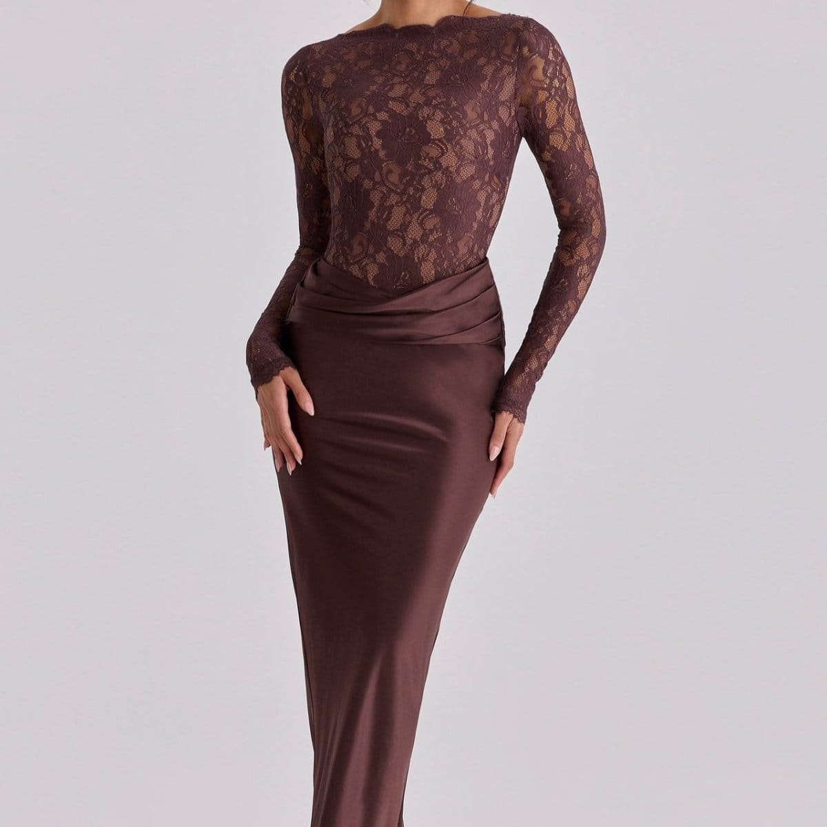 Lace Bodice Satin Ruched Mermaid Maxi Dress(MS415) - A-1 Thread Vault