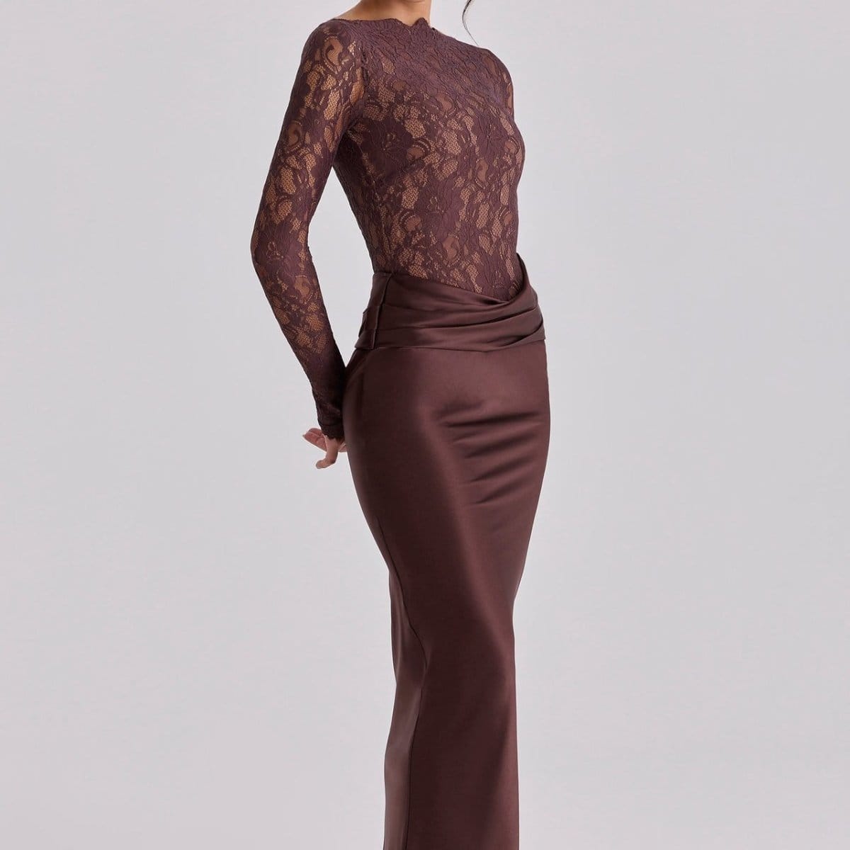 Lace Bodice Satin Ruched Mermaid Maxi Dress(MS415) - A-1 Thread Vault