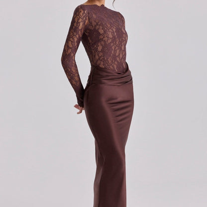 Lace Bodice Satin Ruched Mermaid Maxi Dress(MS415) - A-1 Thread Vault