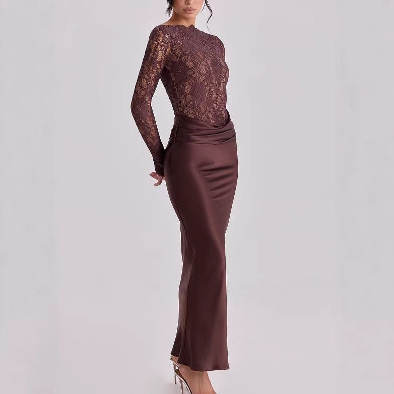 Lace Bodice Satin Ruched Mermaid Maxi Dress(MS415) - A-1 Thread Vault
