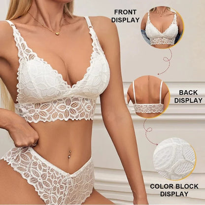 Lace Bra And Panties Set Women Wireless Bralette Low-Rise Panties Female Classic Lace Briefs Comfort Underwear Sexy Lingerie Set - A-1 Thread Vault