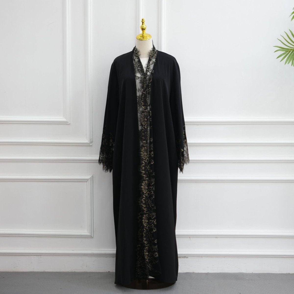 Lace-Panel Flared-Sleeve Open Abaya with Pockets(MOA332) - A-1 Thread Vault