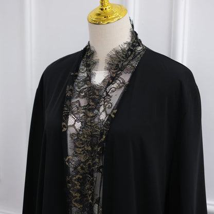 Lace-Panel Flared-Sleeve Open Abaya with Pockets(MOA332) - A-1 Thread Vault